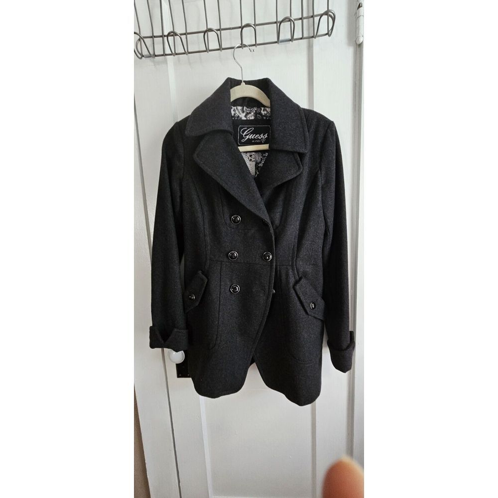 Guess Womens Coat Jacket charcoal Cuff Sleeves Double Breasted‎ Wool Blend Small